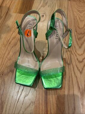 Simmi Metallic Green Crystal Strap Heels